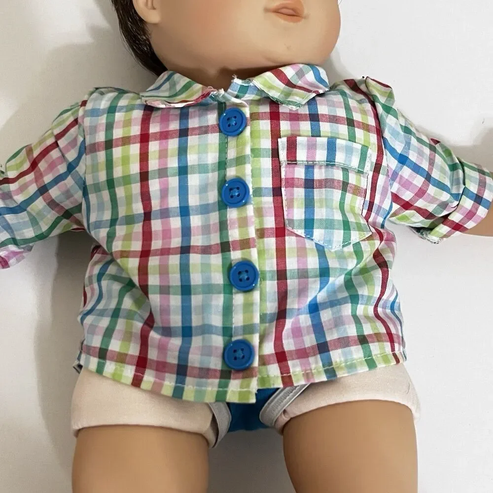 American Girl Bitty Baby Boy Twin Doll Brown Hair Brown Eyes Plaid Shirt 16